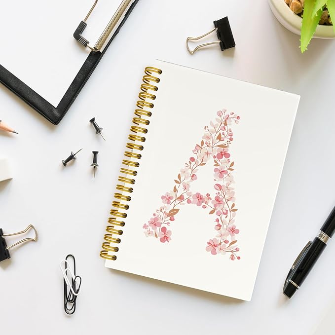 Pink Cute Spiral Notebook Journal, Preppy Floral Initial Letter A Personalized Journaling Notebooks, Monogrammed Gifts for Women Girls, Botanical Hardcover Spiral Lined Notebook 5.5 x 8.3