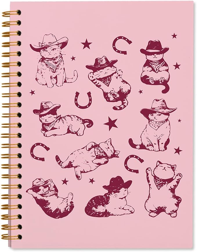 Pink Western Cat Spiral Notebook Journal, Cat Mom Lovers Owners Gifts for Women, Vintage Western Cowboy Kittens Aesthetic Notebooks Journals for Work School Note Taking, 5.5x8.3