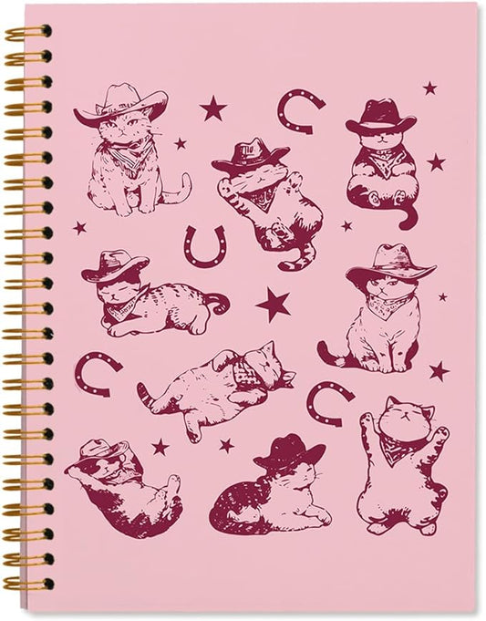 Pink Western Cat Spiral Notebook Journal, Cat Mom Lovers Owners Gifts for Women, Vintage Western Cowboy Kittens Aesthetic Notebooks Journals for Work School Note Taking, 5.5x8.3