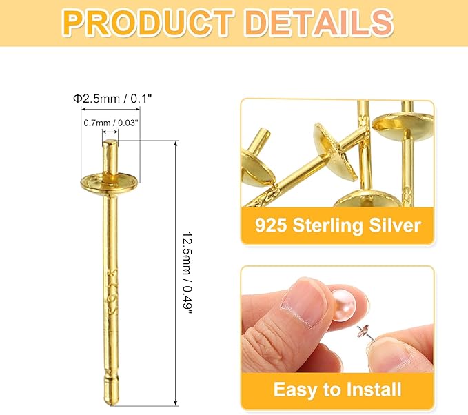 uxcell 3 Set 925 Sterling Silver Earring Posts, Pearl Cup Pad Earring Stud Blanks for DIY Earrings Jewelry Making Findings, Gold Plated, 2.5mm/0.1" Cup Size