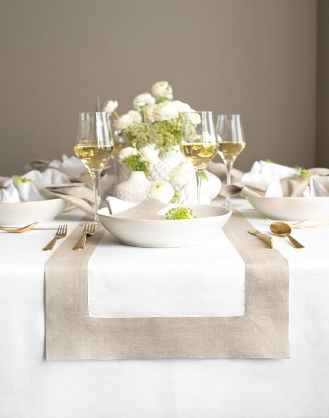 Solino Home Linen Table Runner 120 Inches Long - 100% Pure Linen Natural and White Dining Table Runner 14 x 120 Inch for Winter, Spring, Easter - Contempo