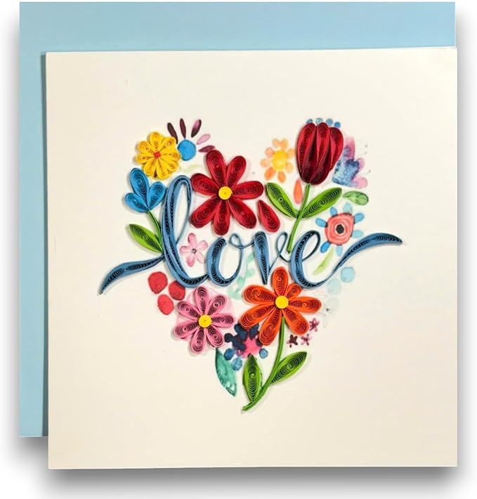 Handmade Quilling Greeting Card Love in Heart Floral Design Romantic Gift for Her Birthday Anniversary Valentine Special Occasion