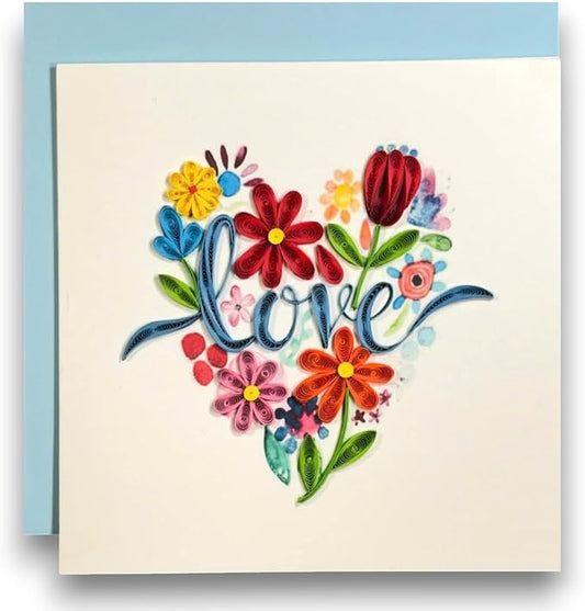 Handmade Quilling Greeting Card Love in Heart Floral Design Romantic Gift for Her Birthday Anniversary Valentine Special Occasion