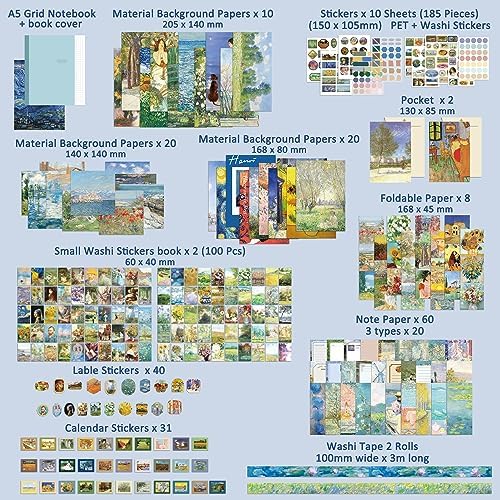 Scrapbooking Supplies Kit Plus 480Pcs, Vintage Van Gogh Oil Painting Aesthetic Scrapbook Kit for Bullet Junk Journal, DIY Journaling Supplies, Stationery, A5 Grid Notebook, Craft Gift Kid Girl - Image 2