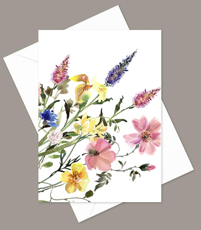 Wildflowers Greeting Cards - Set of 10 All Occasion 5x7 Note Cards with Envelopes. Blank Inside. Watercolor Designs of Wildflower Bouquets