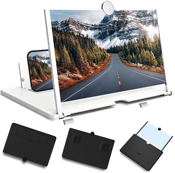 Mobile Phone Magnifier Screen, 3D HD Magnifying Projector Screen Enlarger for Movies Videos and Gaming, Foldable Phone Stand with Screen Amplifier, Compatible with All Smartphones (White, 10inch)