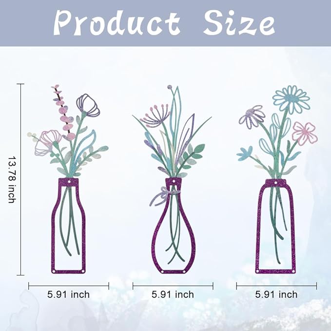 Bochino 3 PCS Metal Flowers Wall Arts, Rustic Farmhouse Decor Minimalist Flower Wall Decors for Living Room Bathroom Bedroom Dining Room Kitchen, Perfect Housewarming Gifts (I-Purple)