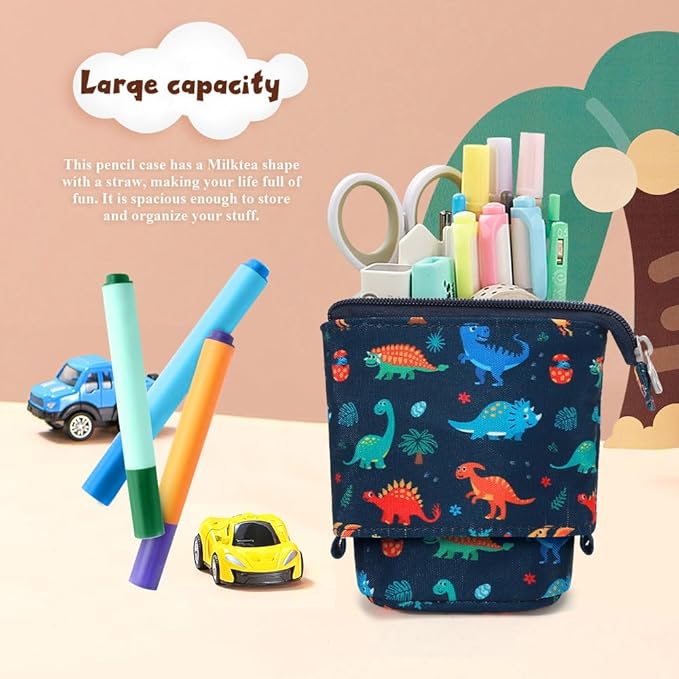 KPX Cute Standing Pencil Case Pen Holder for Kids, Pop Up Stand UP Bubble Tea Pen Organizer Kawaii Stationary for Christmas Holiday New Year Office (Dinosaur)