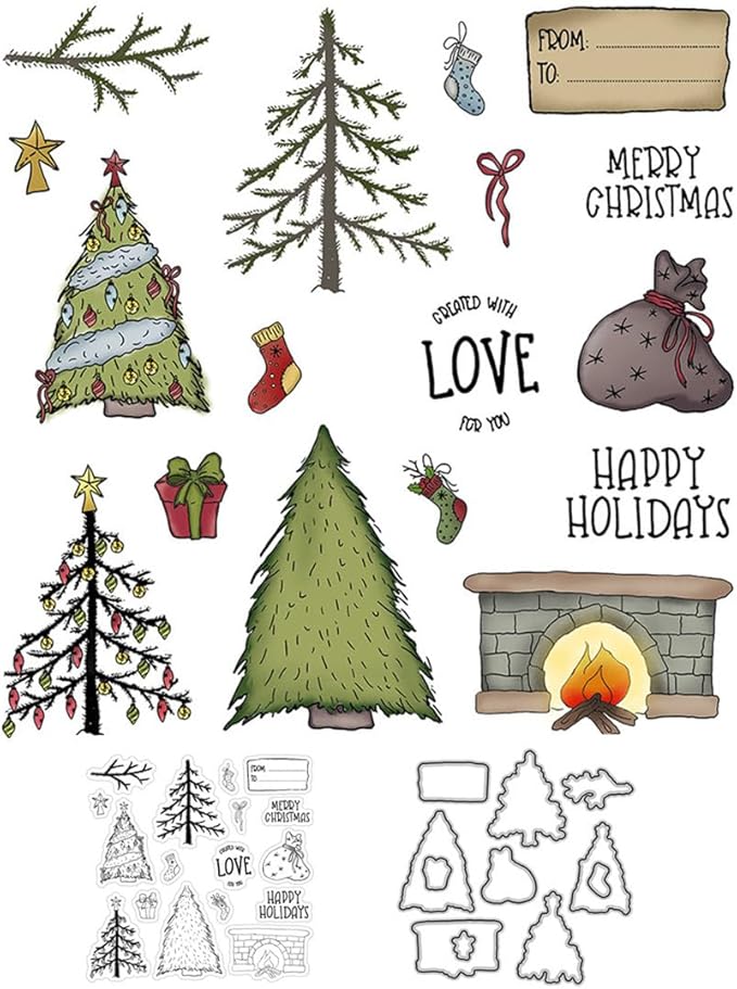 Christmas Tree Fireplace Stamps and Cutting Dies for Card Making DIY Transparent Silicone Clear Stamp and Metal Die Cuts Sets for Scrapbooking Paper Greeting Cards Decor Seals Craft Supplies