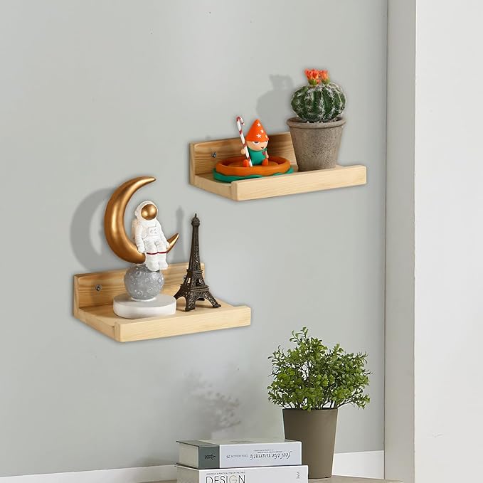 Z metnal Small Decor Shelves, Mini Floating Wooden Display Wall Shelf for Smart Speaker WiFi Collectables, Sauna Shelves, Wood, Wall Mounted, 8 x 5.5 inch, 2 Pack