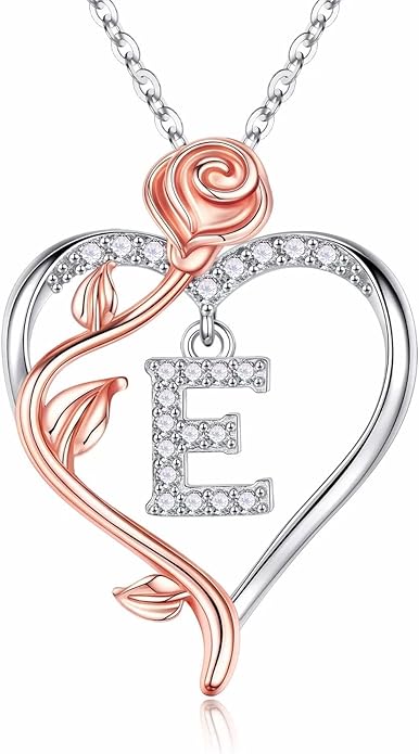 Iefil Stocking Stuffers for Women Wife - 925 Sterling Silver Rose Heart Initial Necklace, Christmas Anniversary Birthday Gifts for Women, Jewelry Gift for Her Wife Girlfriend Mom Daughter