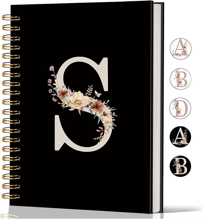 Lacama Black Initial Letter S School Notebook Journal, Cute Wildflower Personalized Spiral Notebook, School Supplies, Customized Monogrammed Gifts, Birthday Gifts for Women, Office Supplies