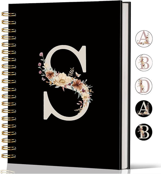 Lacama Black Initial Letter S School Notebook Journal, Cute Wildflower Personalized Spiral Notebook, School Supplies, Customized Monogrammed Gifts, Birthday Gifts for Women, Office Supplies