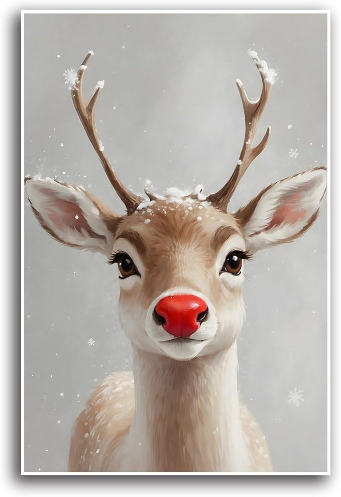 Canvas Wall Art Red Nosed Reindeer Christmas Farmhouse Mantle Canvas Wall Art Print Farmhouse Christmas Poster 28x40in-UnFramed