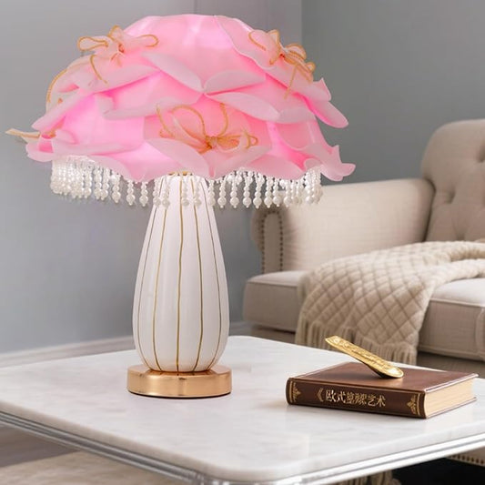 Pink Flower Lamp Romantic Bouquet Bedside Lamp Cute Nightstand Light Nordic Bow Table Lamp for Bedroom Living Room Entry Office Study Room Kid Room Valentines Dating Wedding Chirstmas Deco