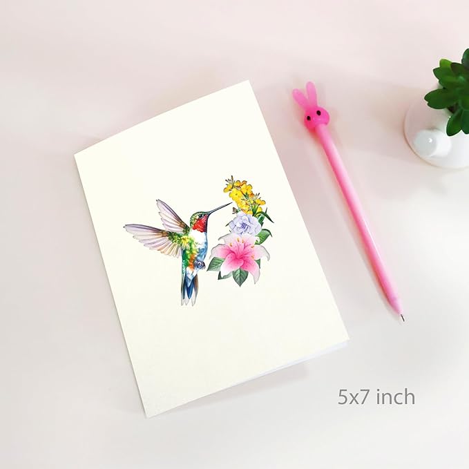 Hummingbird Pop Up Card – Handmade 3D Flower Birthday Card for Mom or Women – Encouragement or Thinking of You Greeting Card