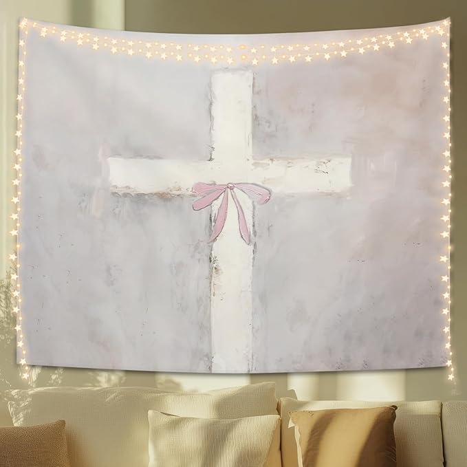 STHTTSW Pink Cross Bow Tapestry Aesthetic, Christian Tapestries Wall Blanket, Bible Religious Girly Wall Hanging Decor for Girl Women Home Living Room Bedroom Church Prayer Room, 50x60 Inch