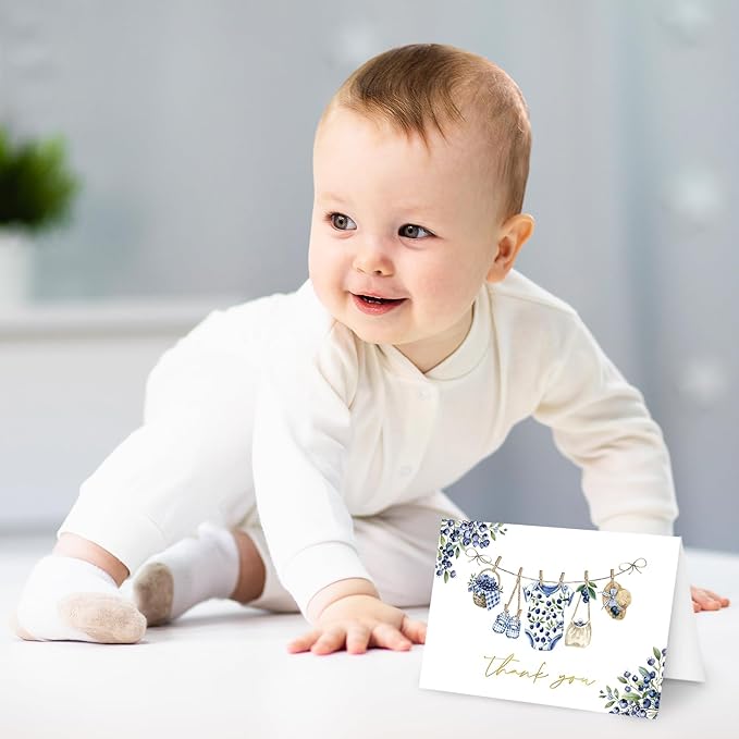Whaline 50 Pcs Baby Shower Thank You Cards Greeting Cards with Envelopes Stickers Gold Foil Blue Berry Plaid Baby Cloth Blank Note Cards for Birthday Party Supplies, 4 x 6 Inch