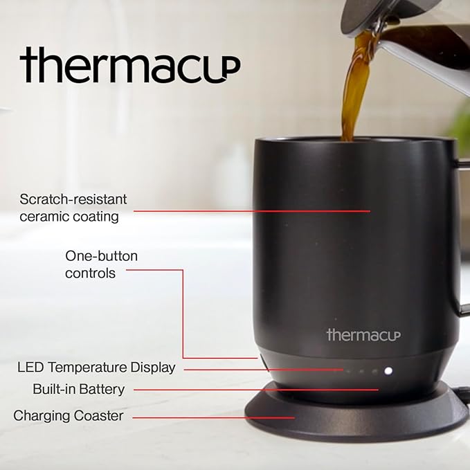 Mega 8-Hour Battery Self-Heating Coffee Mug with | Temperature Controlled Steel Smart Mug with Lid, 14oz (12oz with Lid) | Perfect Holiday Gift for Coffee & Tea Lovers