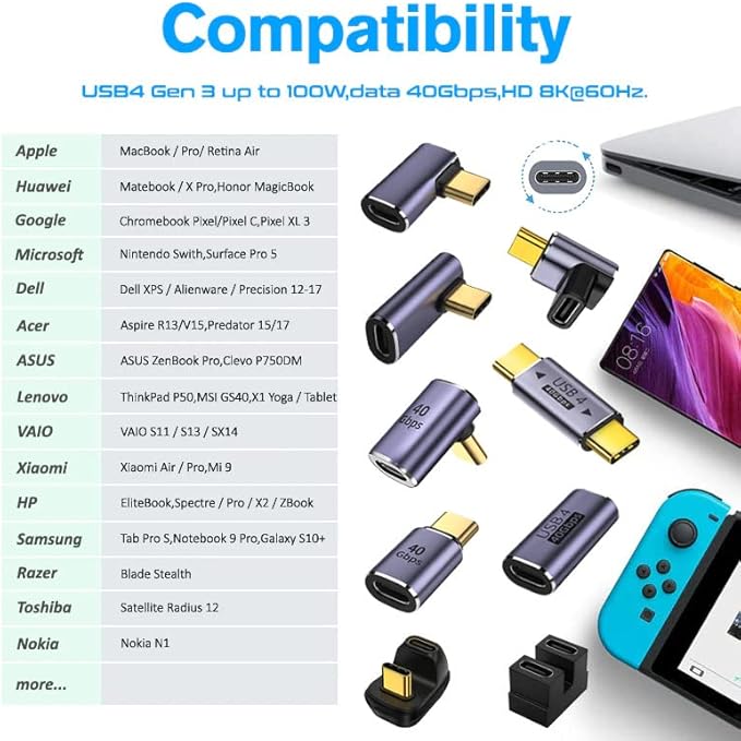 USB C Angle Adapter 40Gbps [2 Pack] 90 Degree Type C Angled Male to Female Adapter, 8k at 60hz USB 3.1 Right Angle Extension for Laptop, Tablet, VR, Camera, Smartphone (Left/Right)
