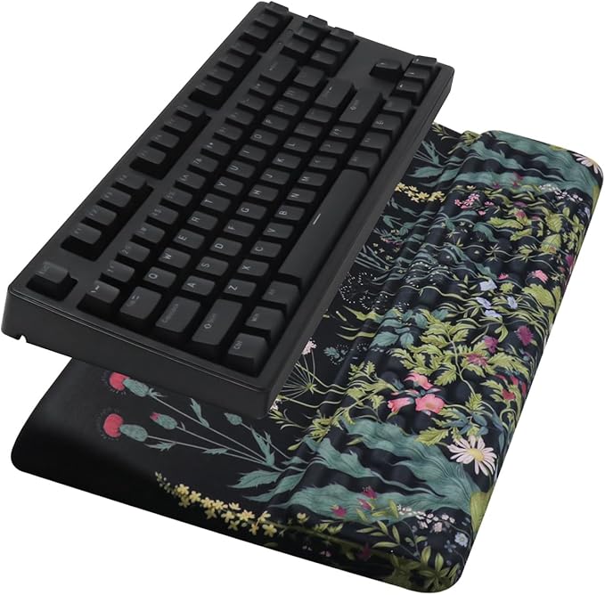Computer Keyboard Stand Pad with Wrist Rest, Ergonomic Comfy Tilted Keyboard Holder, Keyboard Tray Support for Office Home (Flowers & Plants-Black)