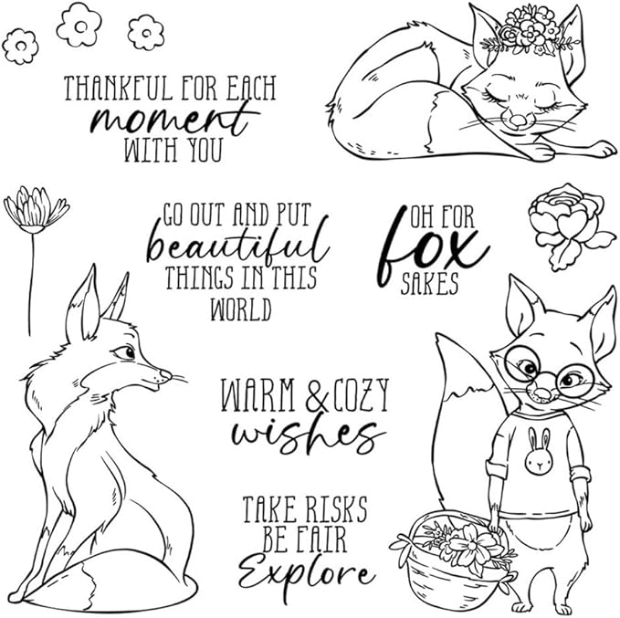 Fox Flower Basket Stamps and Cutting Dies for Card Making DIY Transparent Silicone Clear Stamp and Metal Die Cuts Sets for Scrapbooking Paper Greeting Cards Decor Seals Craft Supplies