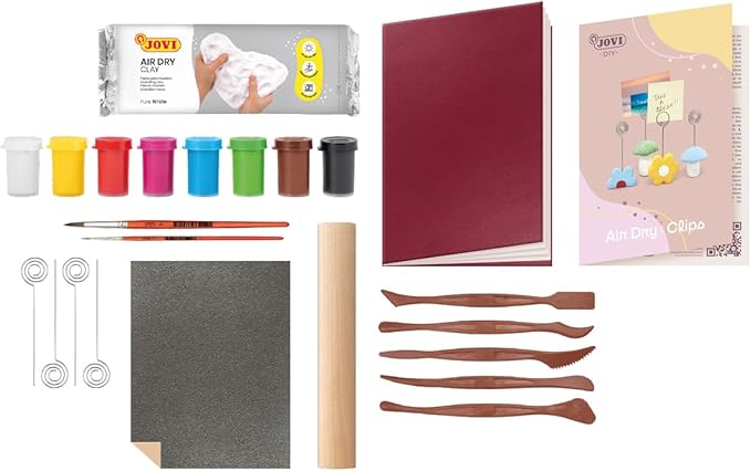 Jovi - DIY Air Dry Kit & Clips - Pottery Kit for Adults, Making Photo Holder with White Air Dry Clay + Paints, Sculpting Tools, Step-by-Step Guide and Video Tutorial, Starter Set for Beginners