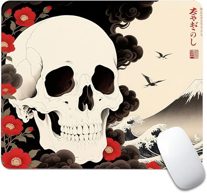 Square Mouse Pad Waves and Skulls, Personalized Premium-Textured Custom Mouse Mat Design, Washable Mousepad Cloth, Non-Slip Rubber Base Computer Mouse Pads for Wireless Mouse