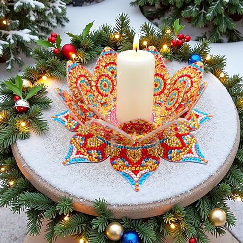 jinglinhh DIY Mandala Lotus Diamond Art Painting Aromatherapy Candle Holder Kit for Adults, Acrylic Diamond Art Tabletop Candlestick Holder Tray Ornaments Craft Project for Beginners(Orange Lotus) - Image 2