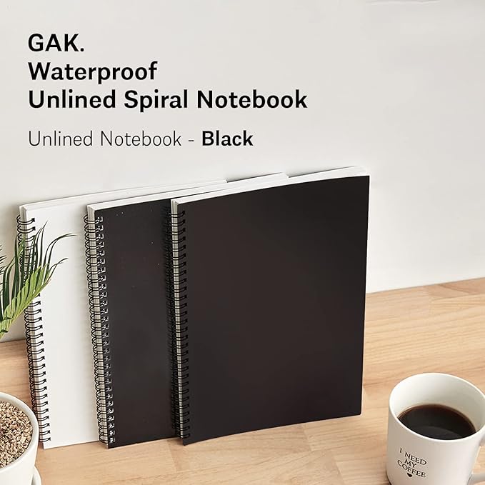 GAK. Stone Paper Notebook | No Lines Spiral Notebook Waterproof Sheet Aesthetic Journal for Note Taking | Notebooks for Work & Aesthetic School Supplies | Large Size, Black (7.2”x10.1”, 50 sheets)