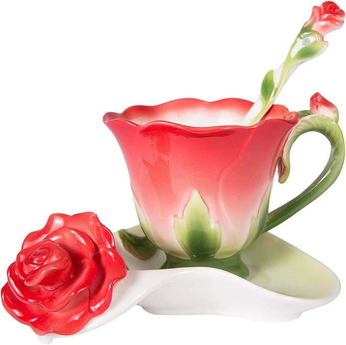 ONEUSTAR Tea Cup and Saucer Set for 1 Ceramic Handicraft Rose Flower Shaped Coffee Cup with Spoon 6 Oz Teacup for Women Valentine's Day Christmas Gift