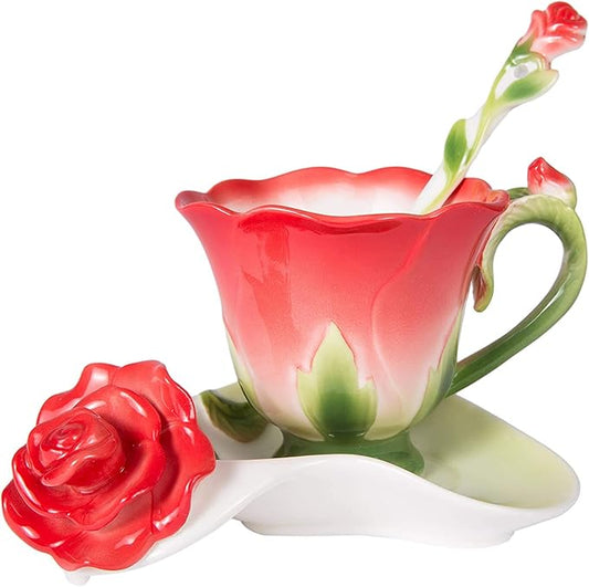 ONEUSTAR Tea Cup and Saucer Set for 1 Ceramic Handicraft Rose Flower Shaped Coffee Cup with Spoon 6 Oz Teacup for Women Valentine's Day Christmas Gift