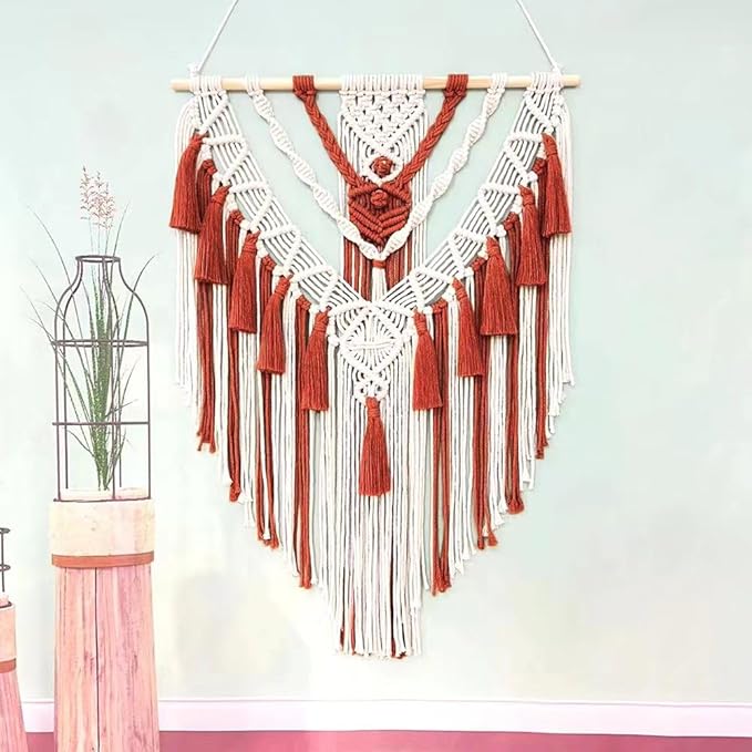 HARWAVE Macrame Wall Hanging, Handmade Boho Woven Wall Hanging with Tassel, Wall Decor for Bedroom Living Room Nursery Apartment (Purplish Red)