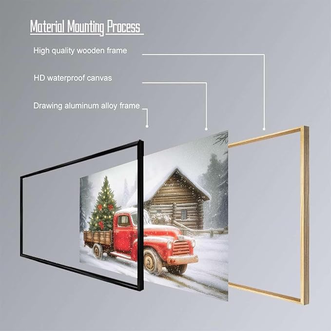 Red Truck Christmas Tree Vintage Holiday Wall Art Winter Snow Scene Poster Nostalgic Truck Canvas Print Indoor Decor for Home Living Room Bedroom Office Dining Room Farmhouse Framed Ready to Hang
