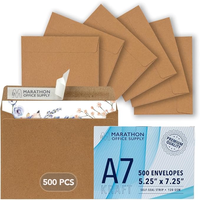 MOS A7 Kraft Envelopes 5.25 x 7.25 Inch 500 Pack — Brown Self-Seal Heavyweight Invitation Envelopes for Weddings, Greeting Cards, Thank You Cards, Photos, Business Mailings