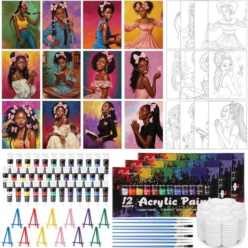 Sherr 108 Pcs Black Girl Sip and Paint Kit, Pre Drawn Canvas for Adults by Sherr