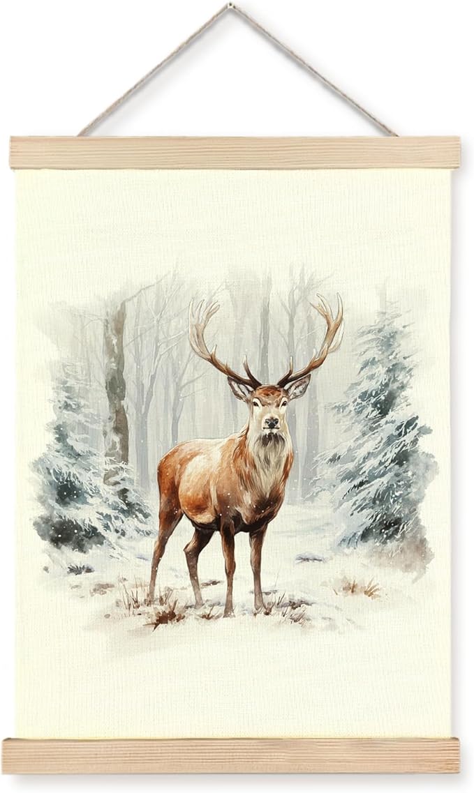 bitCNY 12x16 Inch Deer in Snow Forest Wall Art – Woodland Animal Canvas Poster, Rustic Winter Cabin Decor with Natural Hanger