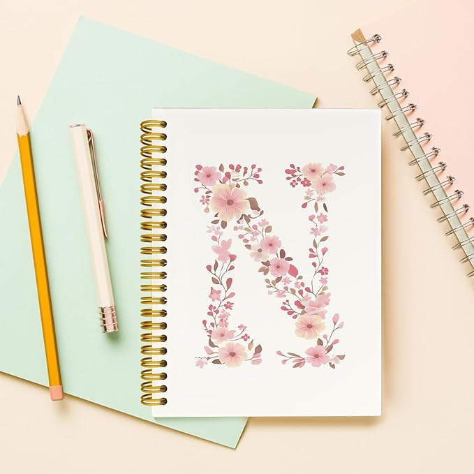 Pink Cute Spiral Notebook Journal, Preppy Floral Initial Letter N Personalized Journaling Notebooks, Monogrammed Gifts for Women Girls, Botanical Hardcover Spiral Lined Notebook 5.5 x 8.3