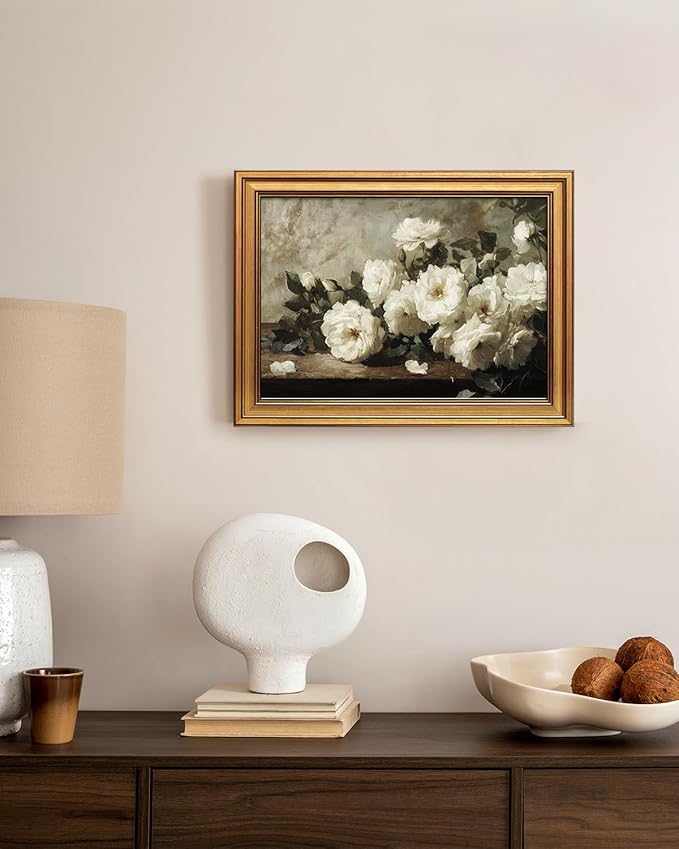 Bzstyleart Vintage Wall Art Decor for Living Room,Gold Framed Prints Flowers Wall Art Home Decor Aesthetic,White Rosebush Vintage Botanical Flower Prints,Canvas Picture Print Artwork for Christmas Gift,12 x 16 Inch