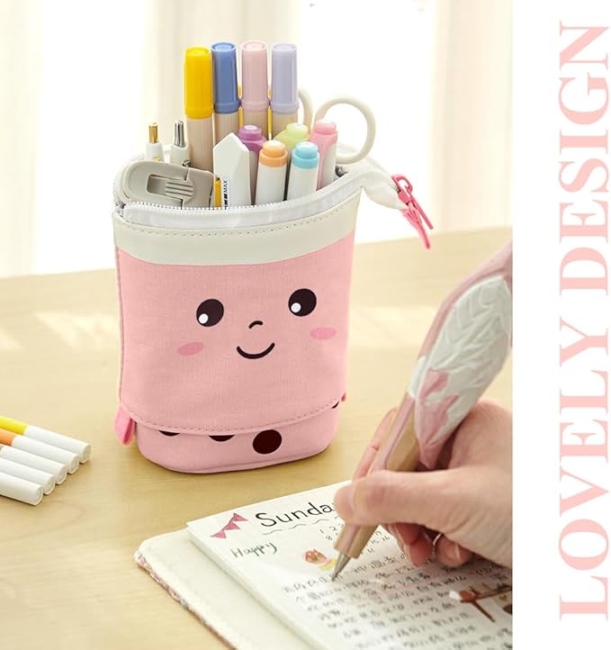 Cute Standing Pencil Case Pen Holder for Kids, Pop Up Stand UP Bubble Tea Pen Organizer Kawaii Stationary for Christmas Holiday New Year Office (Pink)