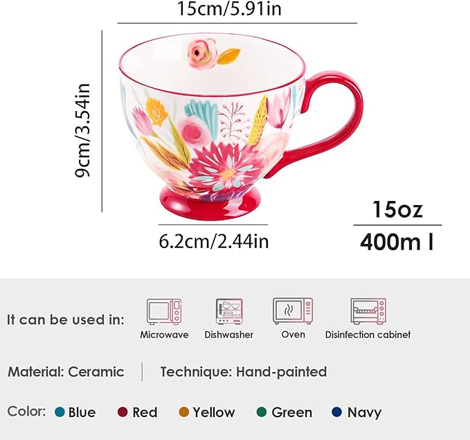 Autumn Handmade Large Ceramic Coffee Mug (20oz) Cute Cereal Vintage Flower Mugs Cozy Fall Gift Cup for Breakfast Oatmeal Tea & Hot Drinks with Floral Design