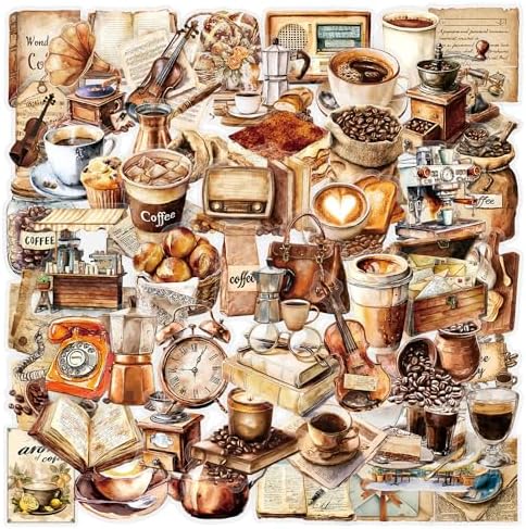 50 PCS Retro Coffee Stickers for Scrapbooking Journaling Junk Journal Scrapbook Supplies - Waterproof Transparent PET Aesthetic Decals for Resin Crafts Decorative Art Crafts (Retro-3) by Unknown