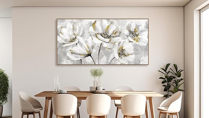 arteWOODS Flowers Framed Wall Art - Gray White Flowers with Yellow Accents Canvas Pictures Wall Decor Botanical Painting Artwork Elegant Floral Prints Living Room Bedroom 58 x 29in Natural Wood Frame