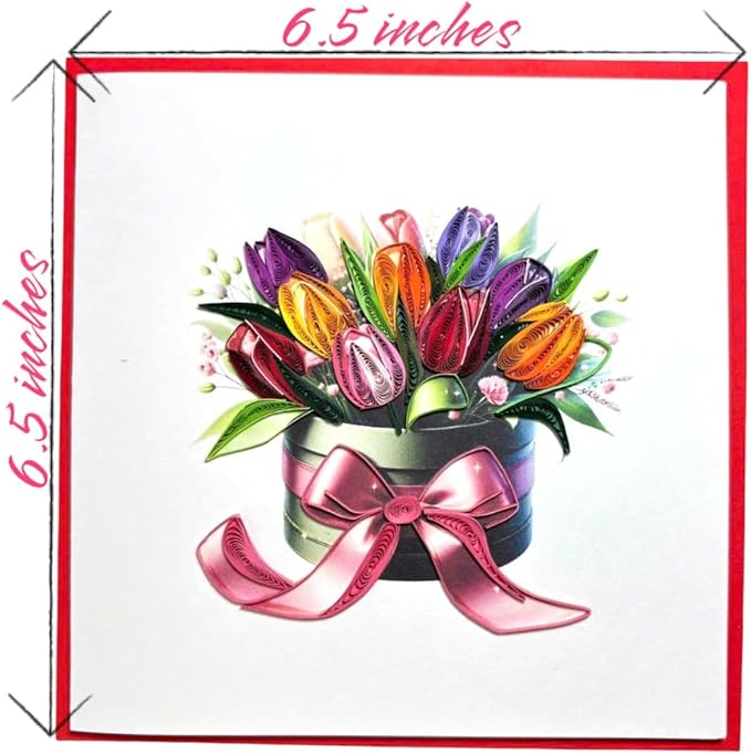 Handmade Quilling Tulip Flower Box Card – 3D Pop-Up Multicolor Floral Greeting with Red Envelope – Blank Inside – Birthday, Mother’s Day, Thank You, Anniversary