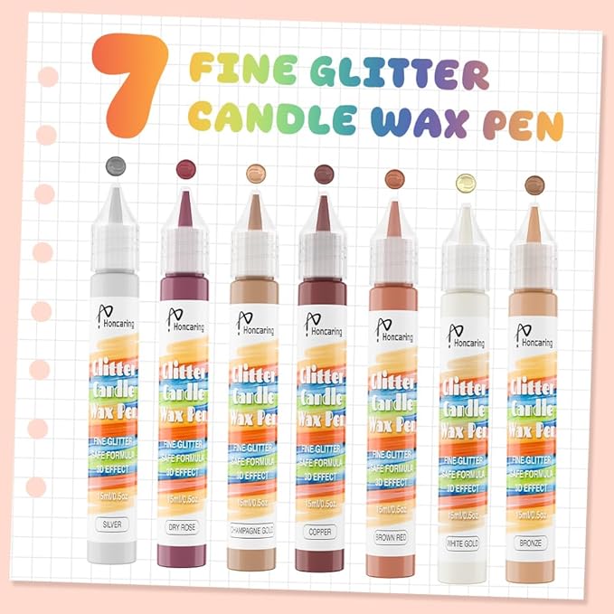 Candle Wax Pen, Easy to Use Glitter Painting Pen for All Crafter, 7 Glitter Colors Set for Candle Blessing Writing, Decorating & More DIY Crafts(15ml/0.5oz*7)