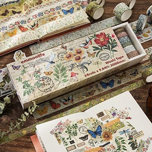 24 Rolls Vintage Washi Tape Set, Floral Letter Butterfly Mushroom Botanical Flower Writable Decorative Tapes for Scrapbooking , Junk Journal supplies, Bullet Journaling 5-75mm Wide 9.84ft long/Roll - Image 5