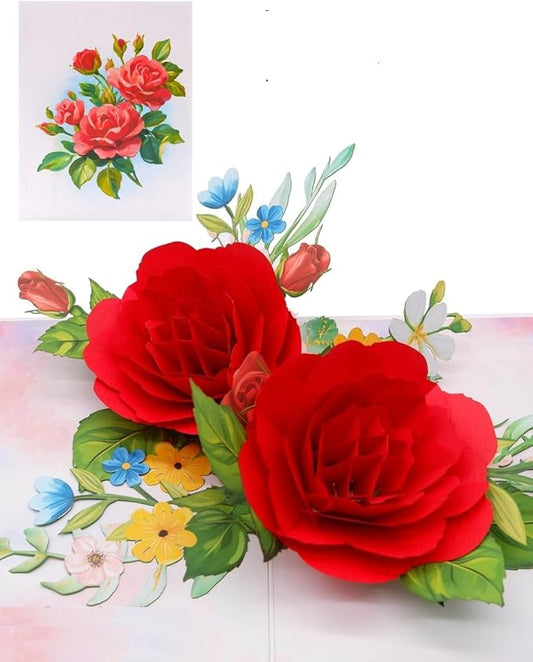 3D Pop Up Greeting Card – Elegant Red Rose Bouquet with Colorful Flowers – Romantic Card for Birthday, Anniversary, Valentine’s Day & Special Occasions, F58