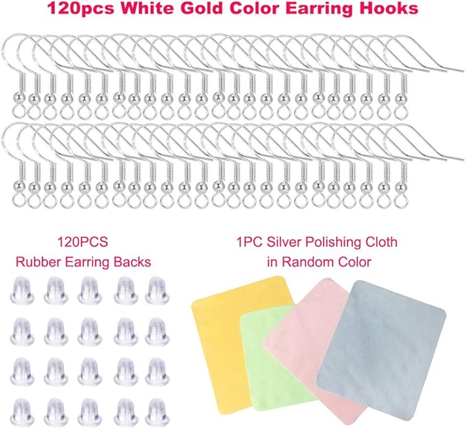 Hypoallergenic Fish Hooks Earrings - 120 PCS/60 Pairs White Gold Plated Ear Wires Fish Hooks for Jewelry Making, Jewelry Findings Parts with 120 PCS Rubber Earring Backs Stopper for DIY Earrings