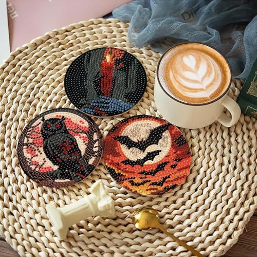 askkqtx 8 Pcs Halloween Diamond Art Coasters Kits with Holder 4X4 Inch - Image 2