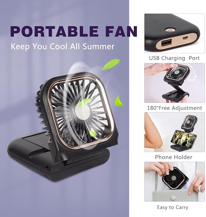Portable Mini Fan - 5 in 1 with Power Bank, Phone Holder, Handheld & Desk Fan - USB Rechargeable, 3000 mAh Power Bank, 3 Speed Adjustable, Neck Lanyard - Black